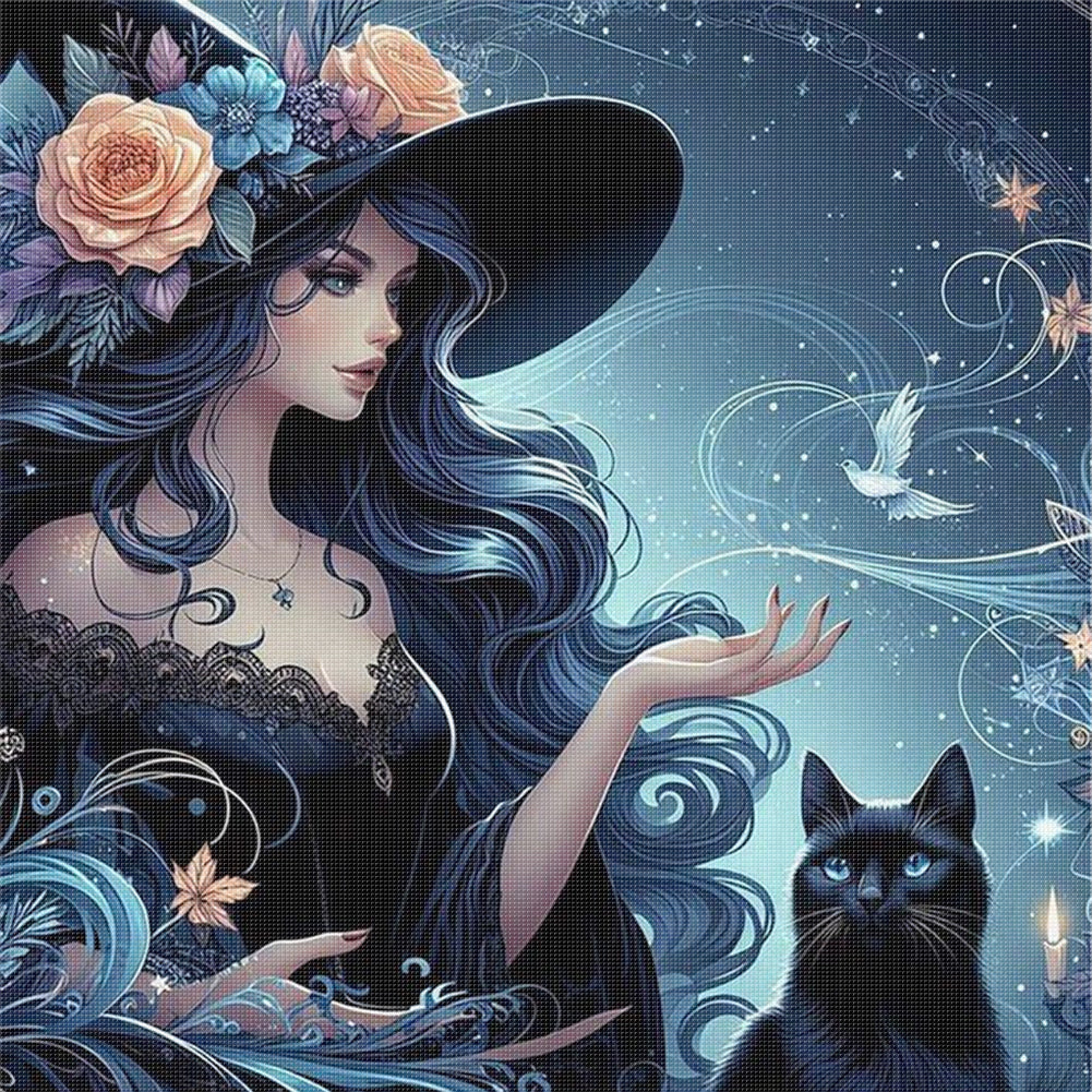 Witch And Black Cat - 11CT Stamped Cross Stitch 50*50CM