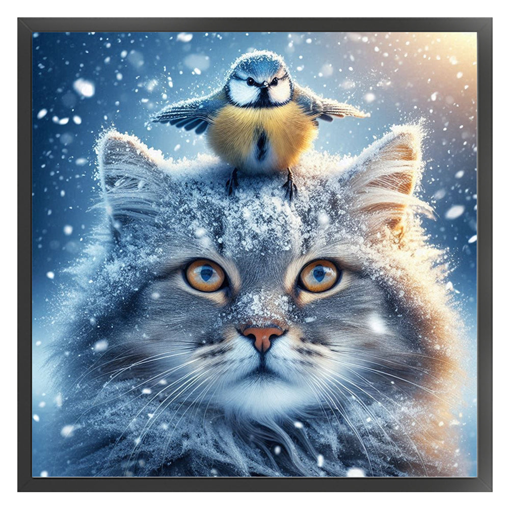 Winter Cat And Bird - 11CT Stamped Cross Stitch 40*40CM(Mona Lisa Brand)