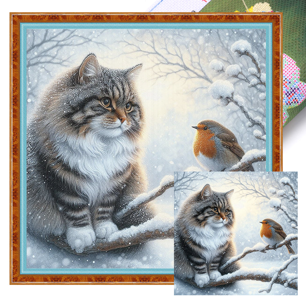 Winter Cat And Bird - 11CT Stamped Cross Stitch 40*40CM(Mona Lisa Brand)