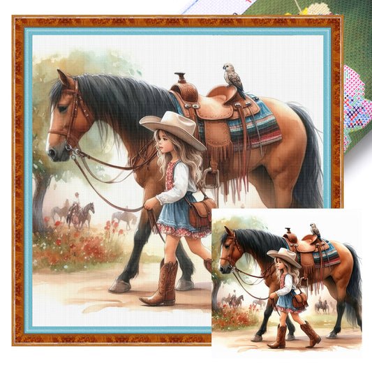 Girl And Horse - 11CT Stamped Cross Stitch 40*40CM
