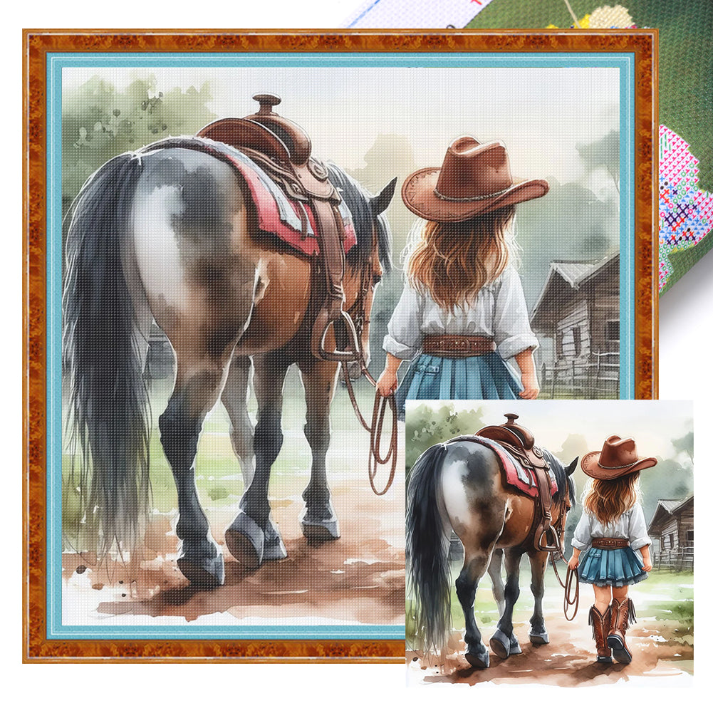 Girl And Horse - 11CT Stamped Cross Stitch 40*40CM