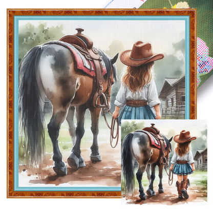 Girl And Horse - 11CT Stamped Cross Stitch 40*40CM