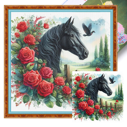 Rose Horse - 11CT Stamped Cross Stitch 40*40CM