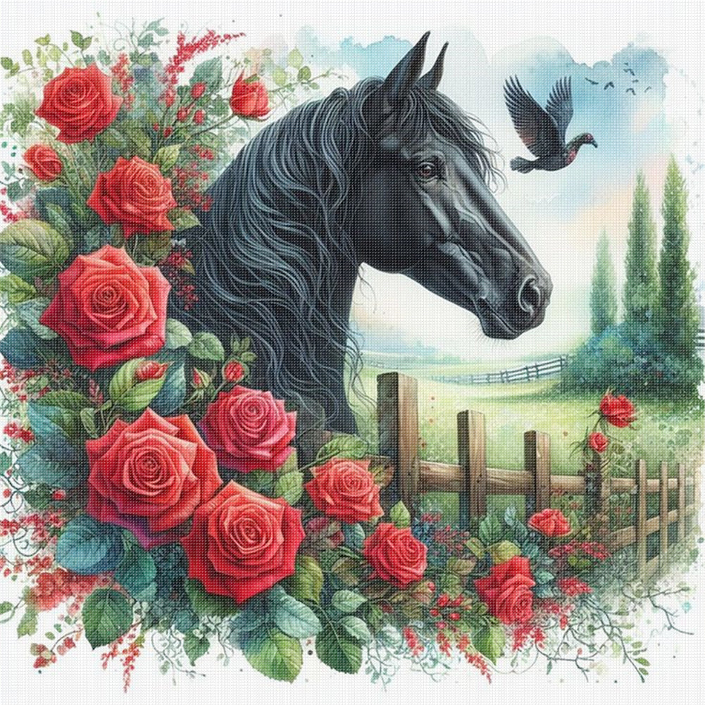 Rose Horse - 11CT Stamped Cross Stitch 40*40CM