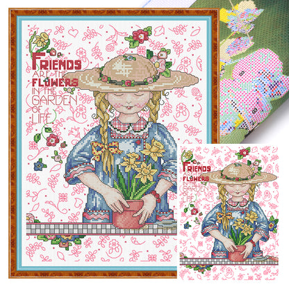 Growing Flowers Girl - 14CT Stamped Cross Stitch 29*36CM(Joy Sunday)