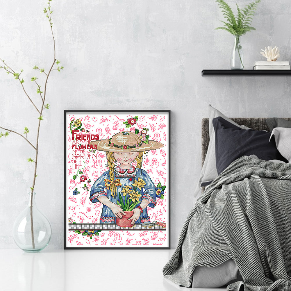 Growing Flowers Girl - 14CT Stamped Cross Stitch 29*36CM(Joy Sunday)