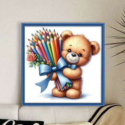 Bear With Flowers - Stamped Cross Stitch 20*20CM