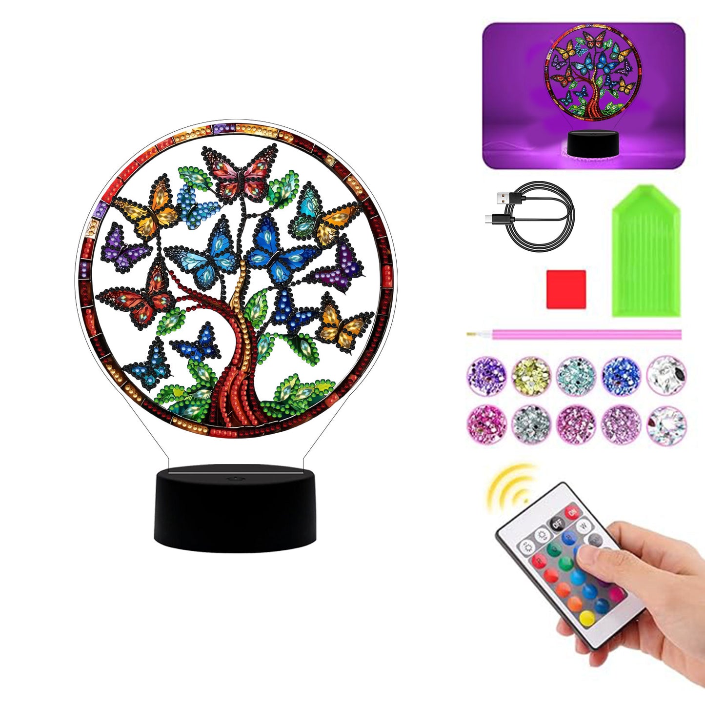 Acrylic Double Sided Butterfly Tree Of Life Rhinestones LED Light for Art Crafts
