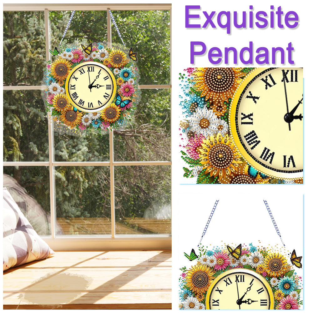 2D Flat DIY Sunflower Diamond Painting Clock Pendant 5D Hanging Clock Art Craft
