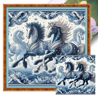 Blue And White Horse - 11CT Stamped Cross Stitch 50*50CM