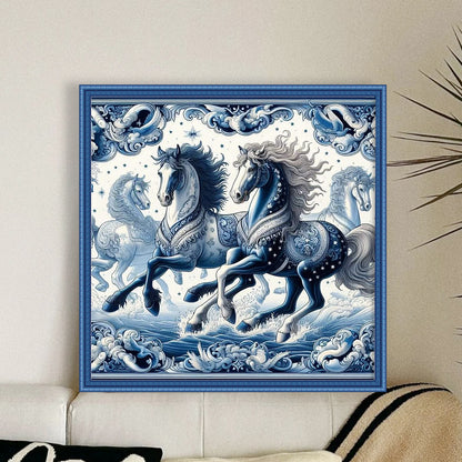 Blue And White Horse - 11CT Stamped Cross Stitch 50*50CM