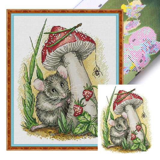 Mushroom-Strawberry-Mouse - 14CT Stamped Cross Stitch 26*32CM (Joy Sunday)