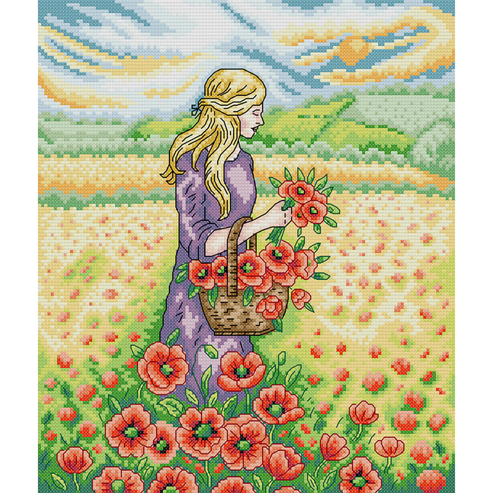 Girl Picking Flowers - 14CT Stamped Cross Stitch 31*34CM (Joy Sunday)