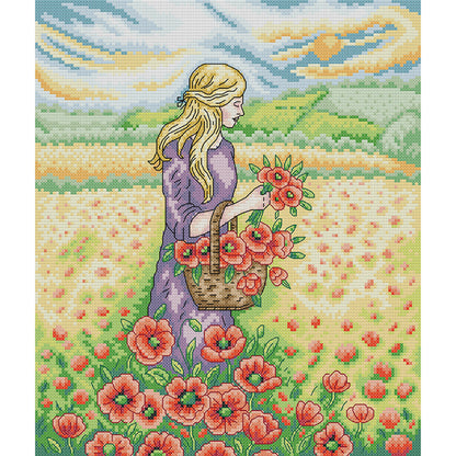 Girl Picking Flowers - 14CT Stamped Cross Stitch 31*34CM (Joy Sunday)