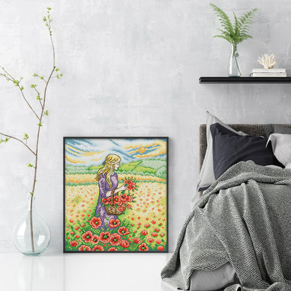 Girl Picking Flowers - 14CT Stamped Cross Stitch 31*34CM (Joy Sunday)
