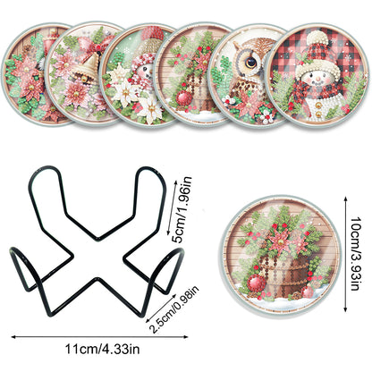 6pcs Set Xmas Theme DIY Diamond Painting Coasters Kit with Holder for Craft Gift