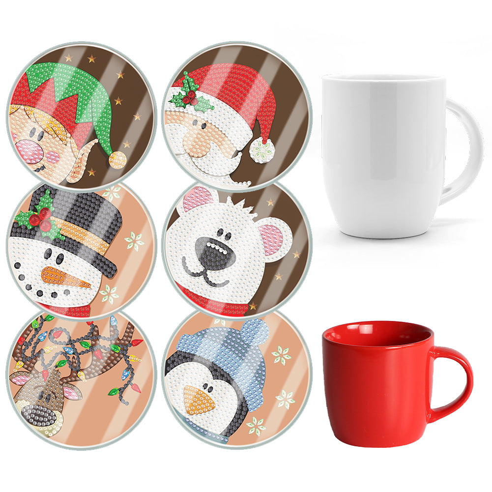 6pcs Set Xmas Theme DIY Diamond Painting Coasters Kit with Holder for Craft Gift