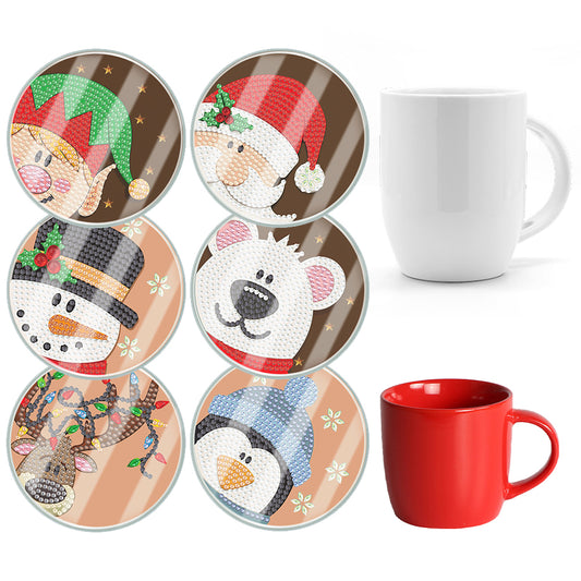 6pcs Set Xmas Theme DIY Diamond Painting Coasters Kit with Holder for Craft Gift