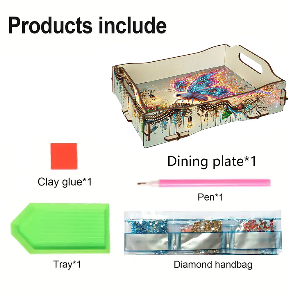 DIY Diamond Painted Dining Plate with Handle Wooden Food Tray Home Decor Gift