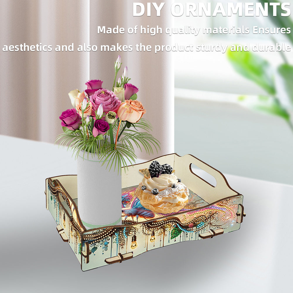 DIY Diamond Painted Dining Plate with Handle Wooden Food Tray Home Decor Gift