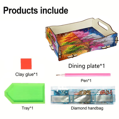 DIY Diamond Painted Dining Plate with Handle Wooden Food Tray Home Decor Gift