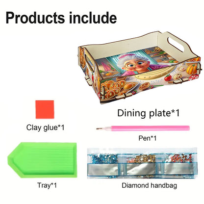 DIY Diamond Painted Dining Plate with Handle Wooden Food Tray Home Decor Gift