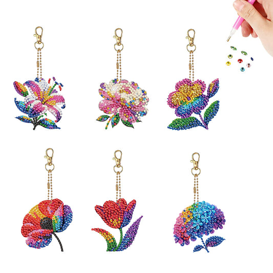 6PCS 2D Flat DIY Diamond Painting Keychain Double Sided Drill Diamond Art Kits