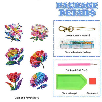6PCS 2D Flat DIY Diamond Painting Keychain Double Sided Drill Diamond Art Kits