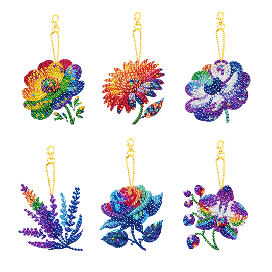 6PCS 2D Flat DIY Diamond Painting Keychain Double Sided Drill Diamond Art Kits