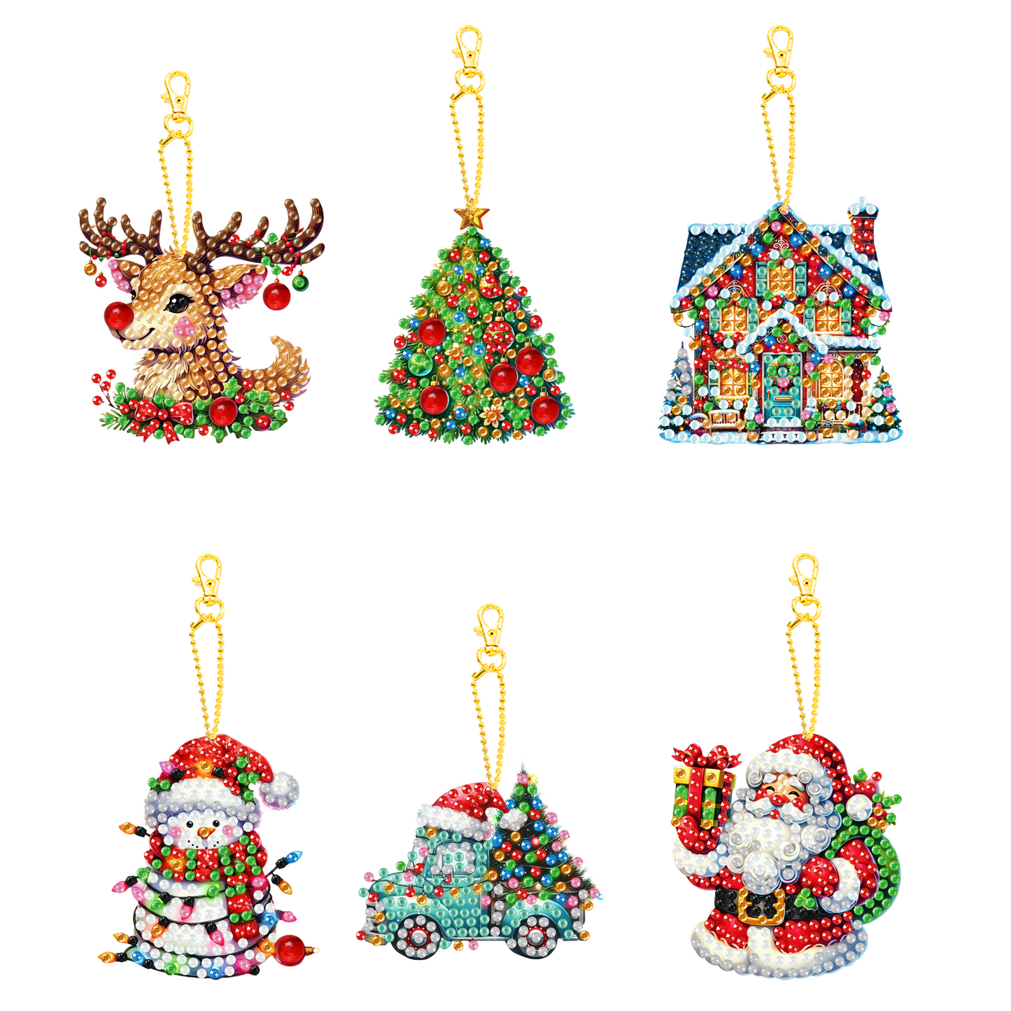 6PCS 2D Flat DIY Diamond Painting Keychain Double Sided Drill Diamond Art Kits