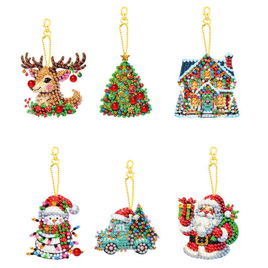 6PCS 2D Flat DIY Diamond Painting Keychain Double Sided Drill Diamond Art Kits
