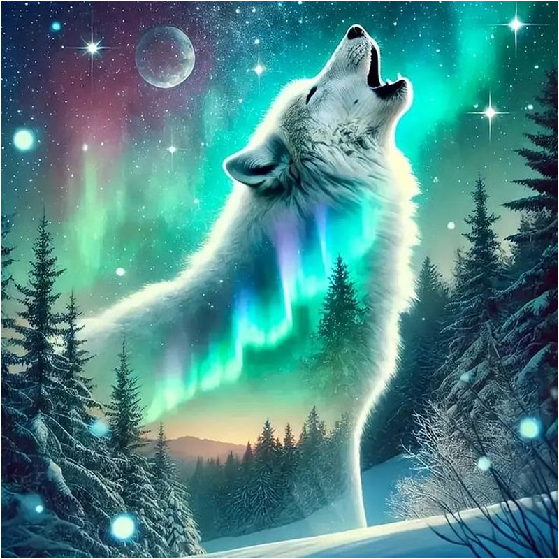 Wolf Under The Aurora - Full Round Drill Diamond Painting 30*30CM
