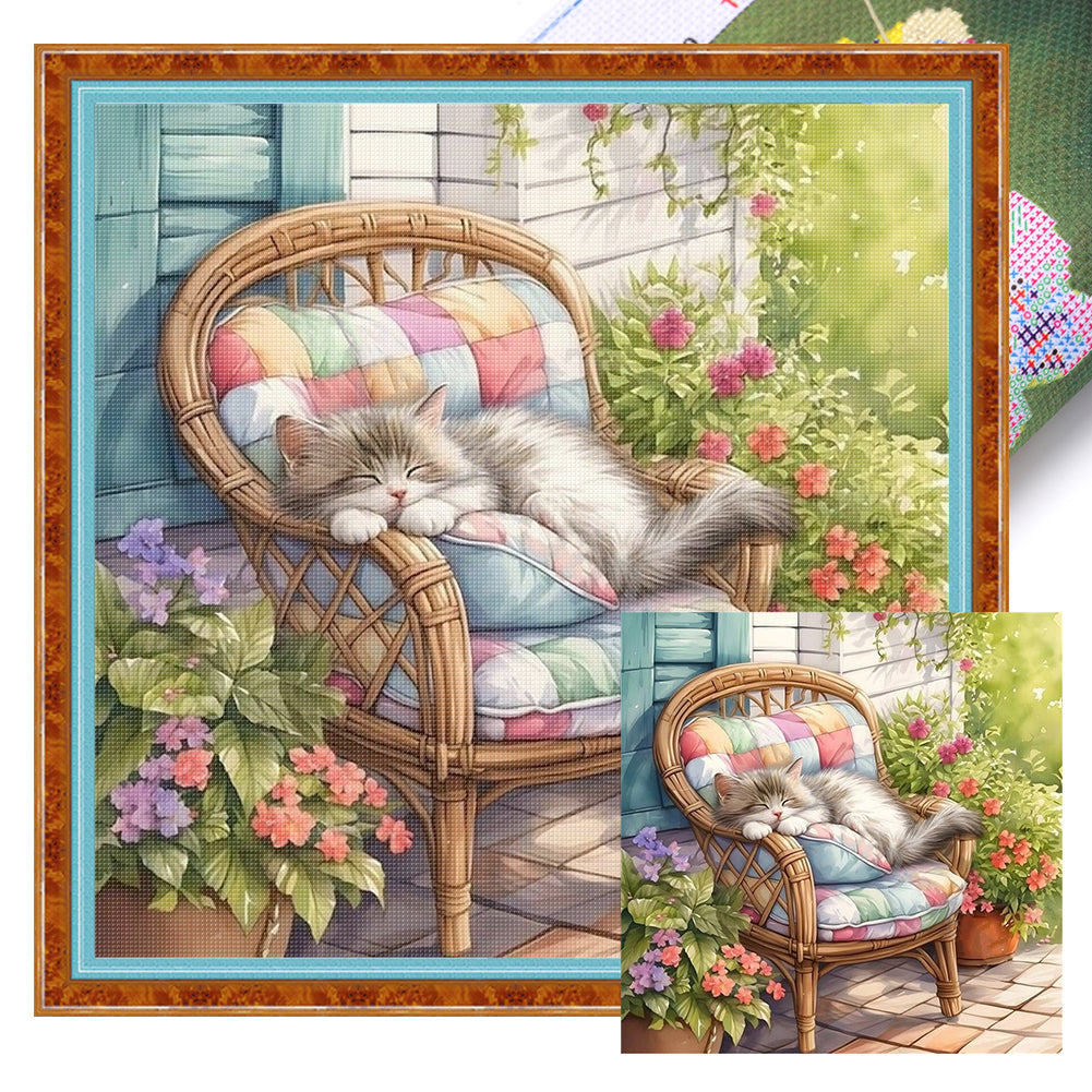 Sleeping Kitten On Lounger - 11CT Stamped Cross Stitch 45*45CM