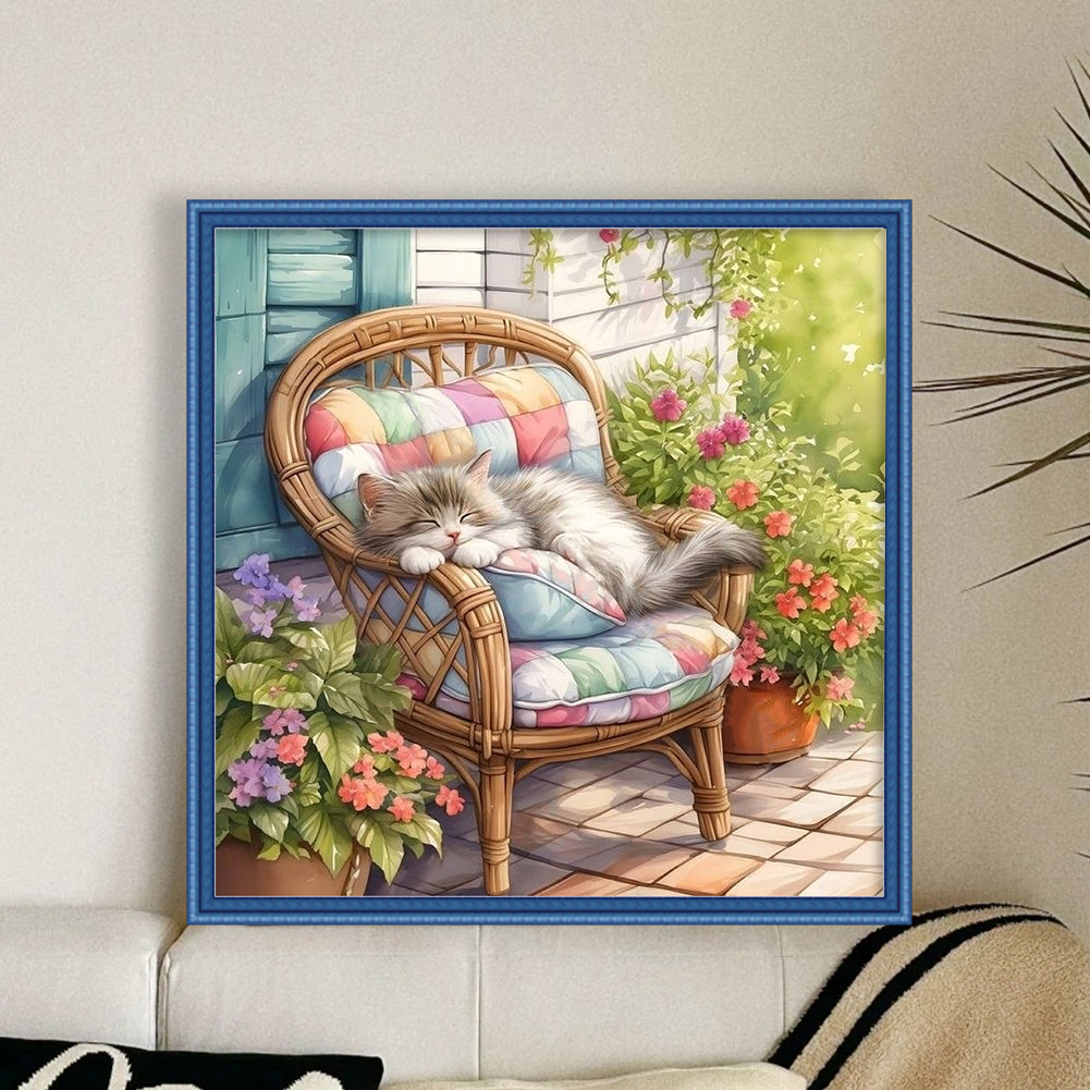 Sleeping Kitten On Lounger - 11CT Stamped Cross Stitch 45*45CM