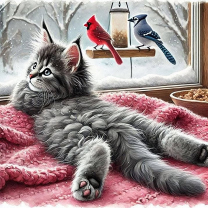 Cat On Windowsill - Full Round Drill Diamond Painting 40*40CM