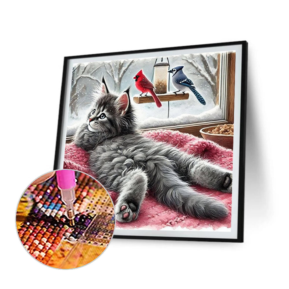 Cat On Windowsill - Full Round Drill Diamond Painting 40*40CM