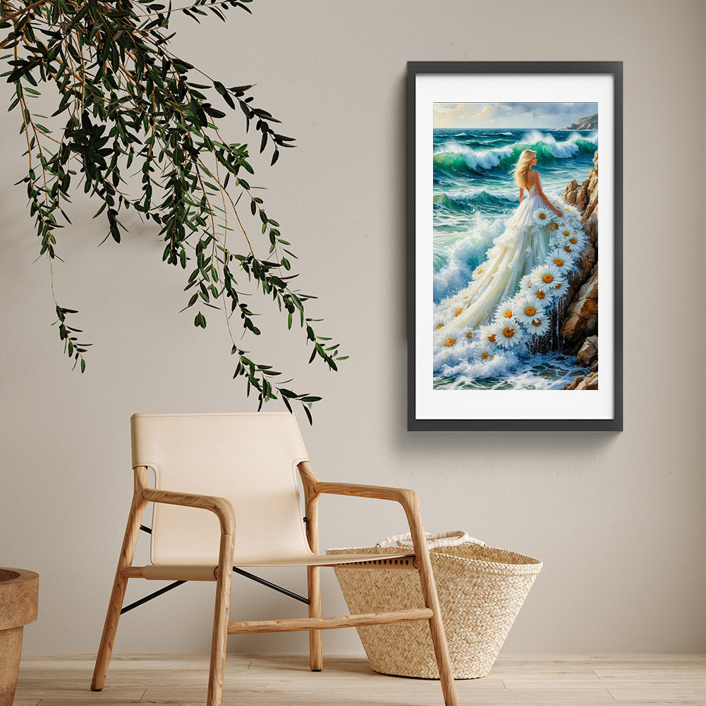 Girl In Flower Skirt On Seaside - Full Round Drill Diamond Painting 40*70CM