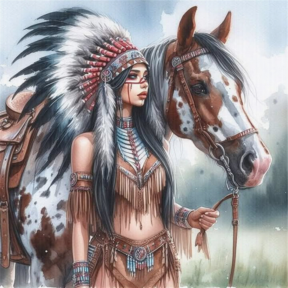Indian Girl And Horse - 11CT Stamped Cross Stitch 45*45CM