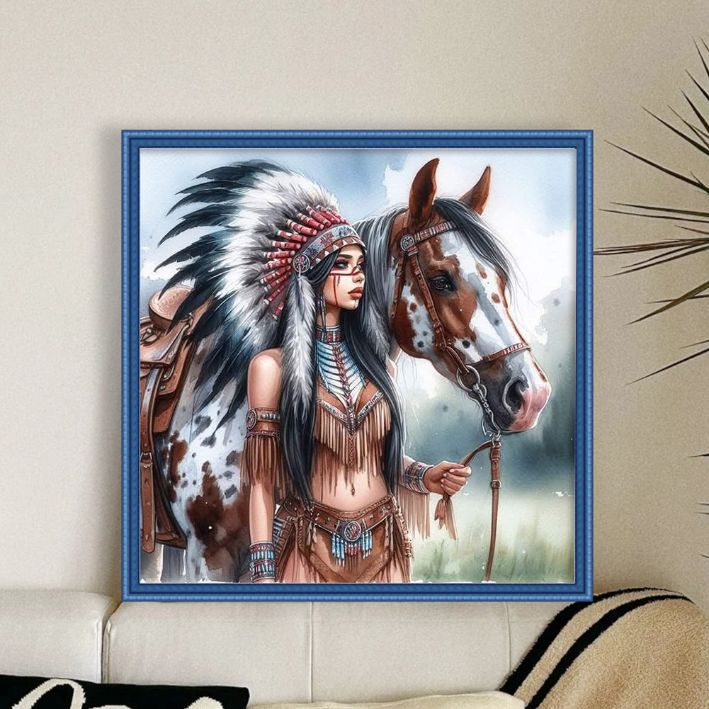 Indian Girl And Horse - 11CT Stamped Cross Stitch 45*45CM