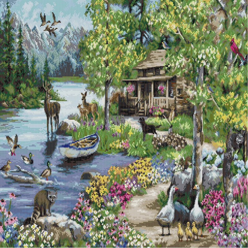Lakeside Cottage - 14CT Stamped Cross Stitch 73*52CM(Joy Sunday)