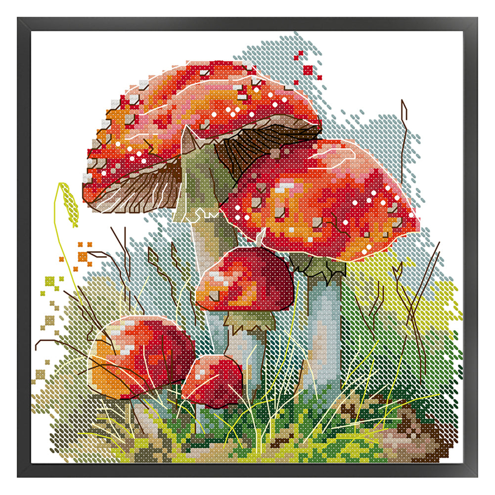 Red Mushrooms In The Grass - 14CT Stamped Cross Stitch 21*21CM(Joy Sunday)