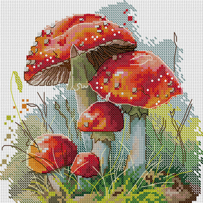 Red Mushrooms In The Grass - 14CT Stamped Cross Stitch 21*21CM(Joy Sunday)