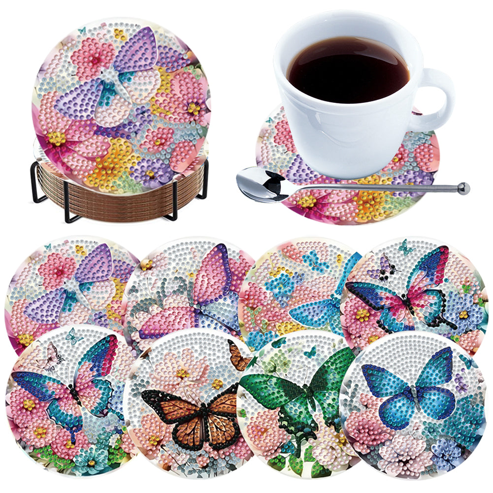 8pcs DIY Diamond Painting Coasters Kits Wooden Diamond Coaster Craft with Holder
