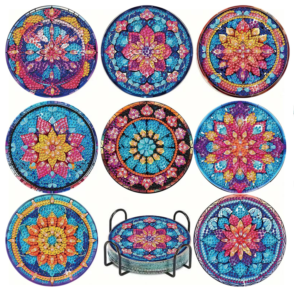 8pcs DIY Diamond Painting Coasters Kits Wooden Diamond Coaster Craft with Holder