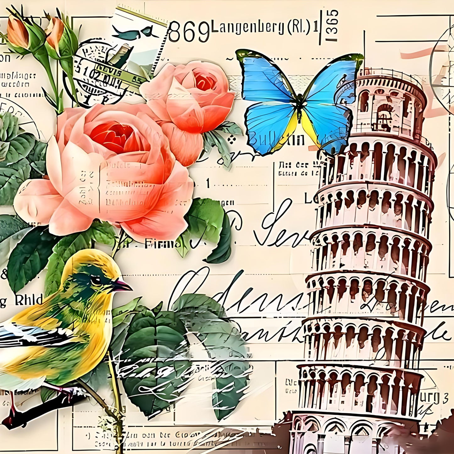 Leaning Tower Of Pisa And Roses - Full Round Drill Diamond Painting 30*30CM