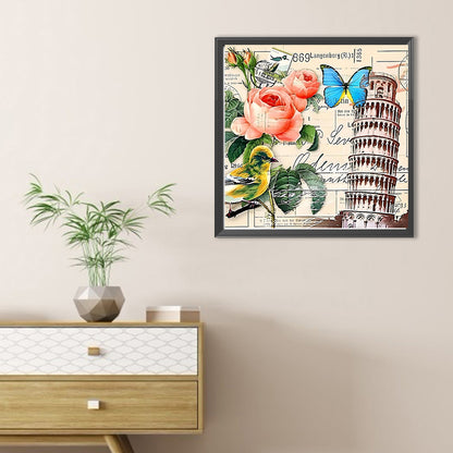 Leaning Tower Of Pisa And Roses - Full Round Drill Diamond Painting 30*30CM