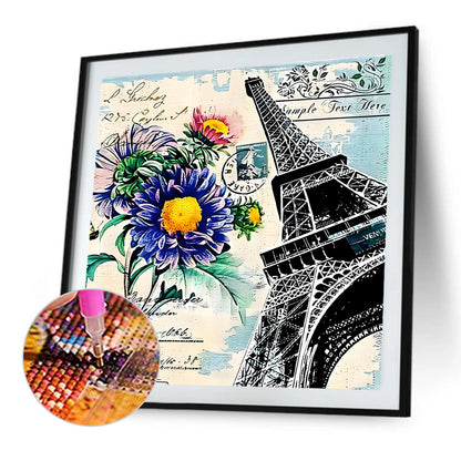 Eiffel Tower And Chrysanthemums - Full Round Drill Diamond Painting 30*30CM