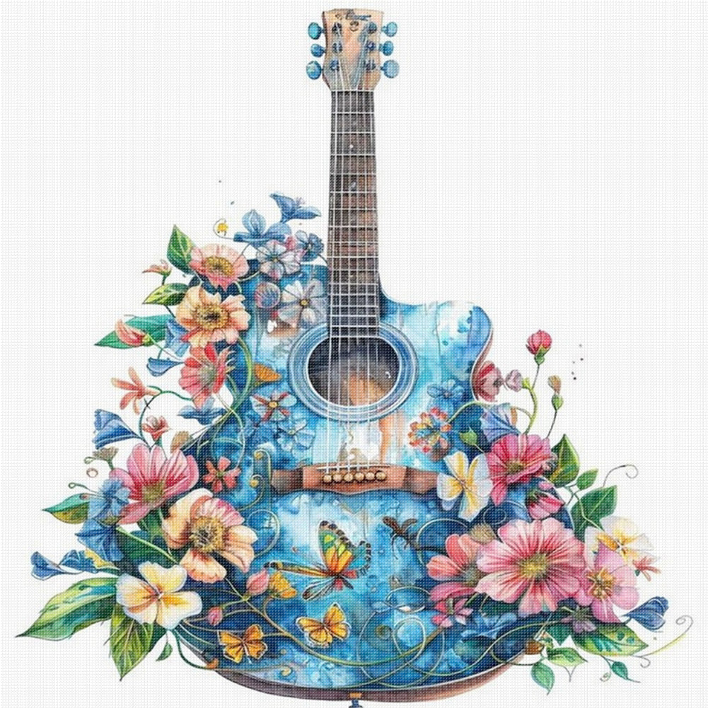 Flower Guitar - 18CT Stamped Cross Stitch 25*25CM