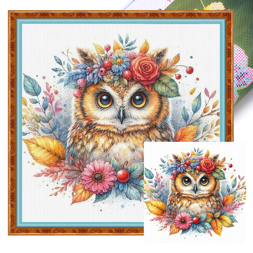 Owl With Flowers - 11CT Stamped Cross Stitch 40*40CM