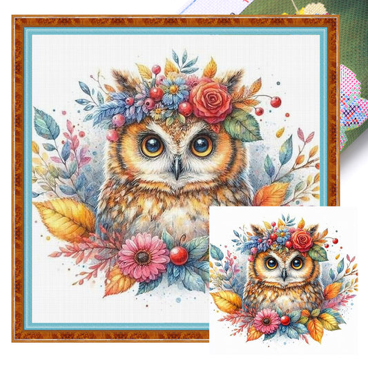 Owl With Flowers - 11CT Stamped Cross Stitch 40*40CM